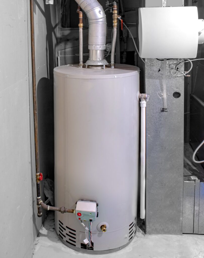 Gas water heater in the basement of a Baltimore home.