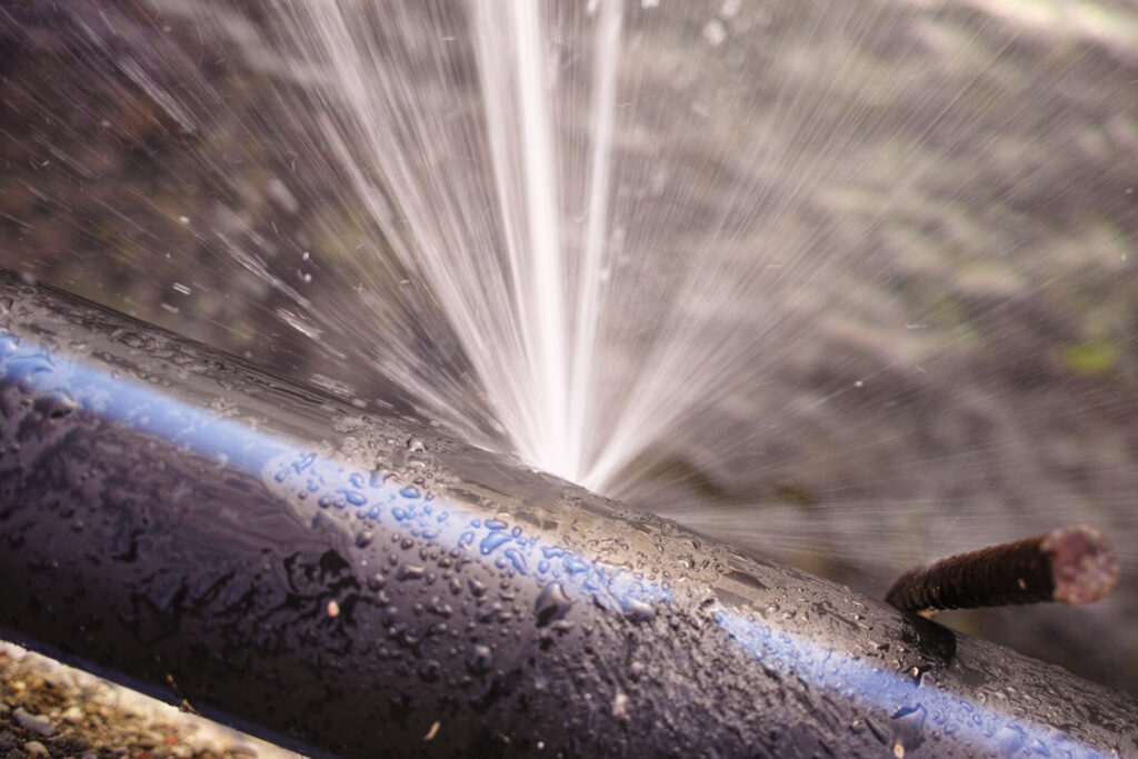 Close view of a broken pipe with water bursting out of it.