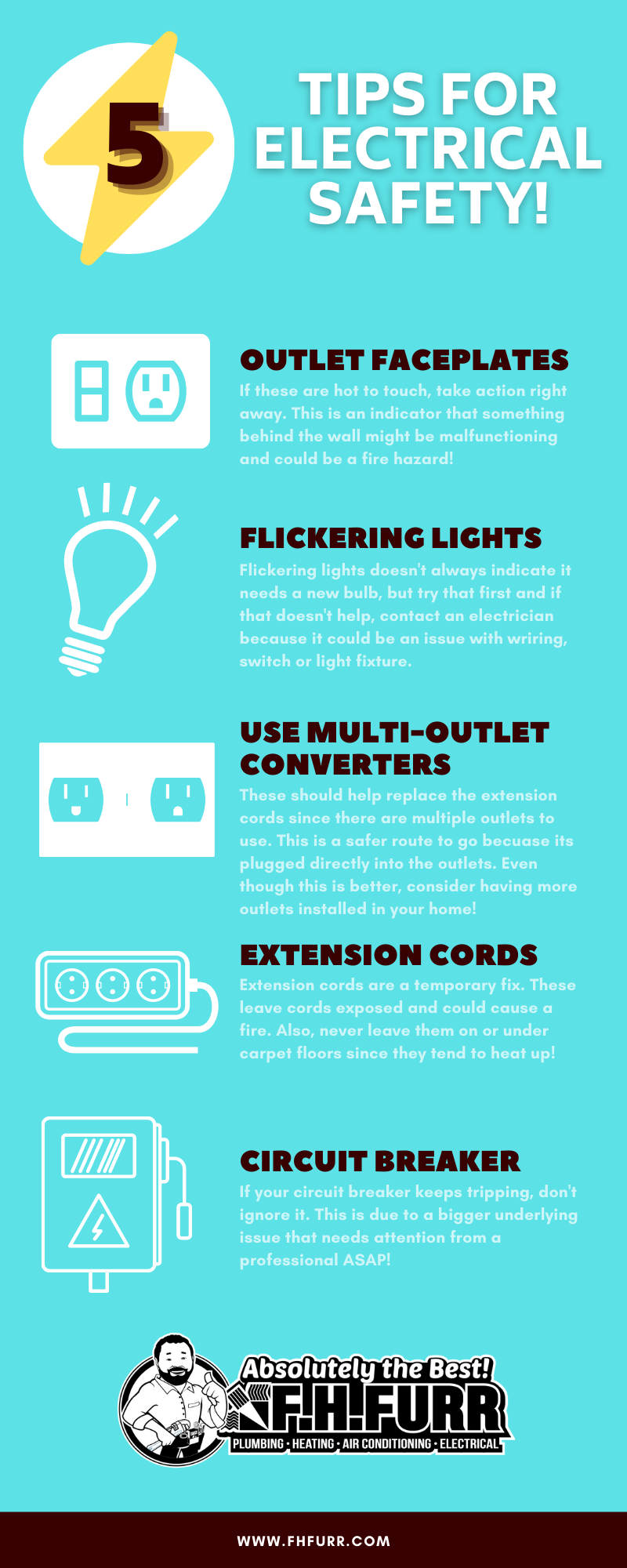 Graphic titled "Tips for Electrical Safety." The tips include addressing outlets that are hot to the touch, resolving issues with flickering lights, using multi-outlet converters, avoiding using too many extension cords, and scheduling services for your circuit breaker if it trips frequently.