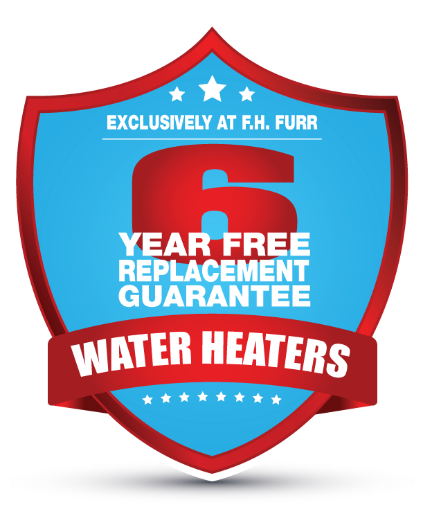 Blue and red shield image with text "Exclusively at F.H. Furr | 6-Year Free Replacement Guarantee | Water Heaters"