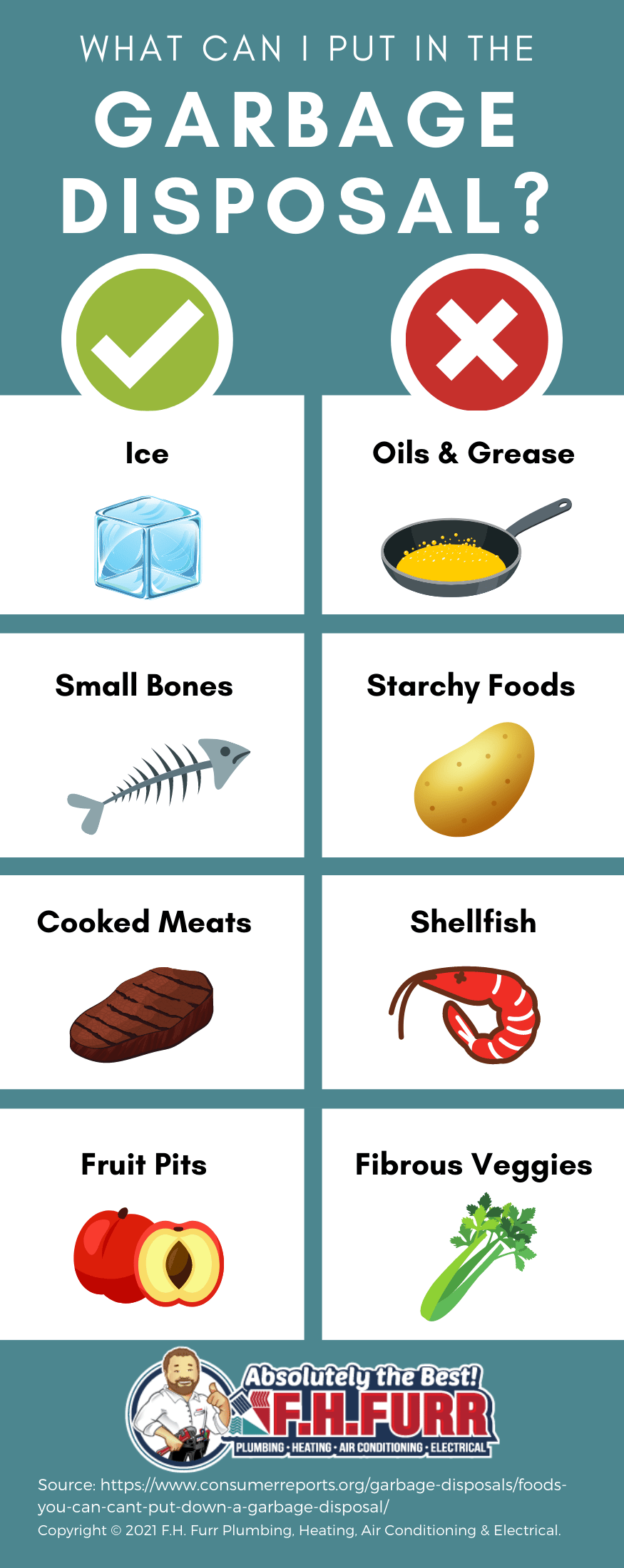 Infographic showing what you can and can't put down the garbage disposal. Can: Ice, small bones, cooked meats, fruit pits. Can't: Oils & grease, starchy foods, shellfish, fibrous veggies.