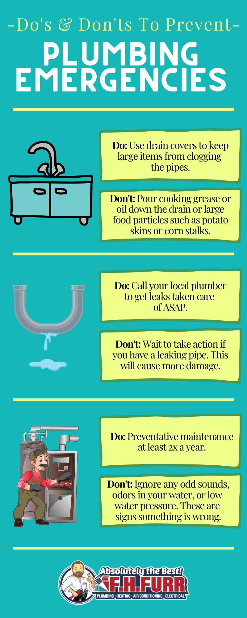 Infographic with do's and don'ts to prevent plumbing emergencies. F.H. Furr logo at bottom.