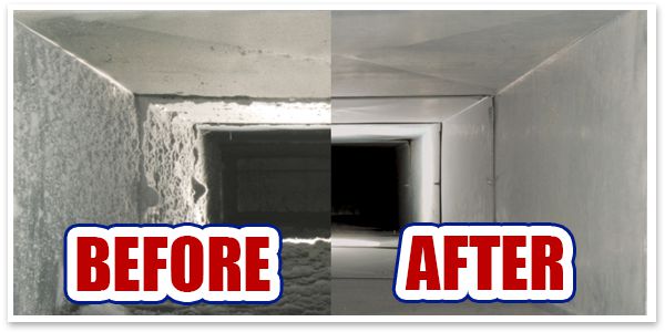 Before and after photos of dirty air duct and clean air duct.