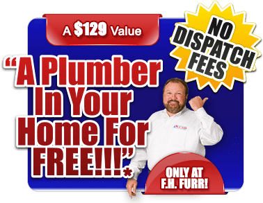 Coupon showing a $129 value and no dispatch fees. "A plumber in your home for free!"