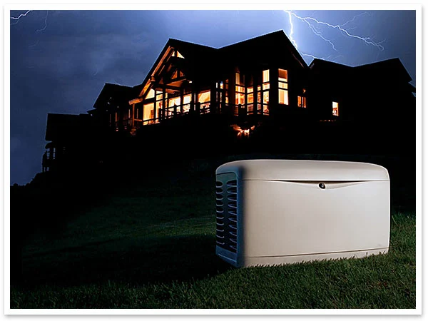 Generator on grass in front of silhouette of large home at night, with lightning bolt in the sky.